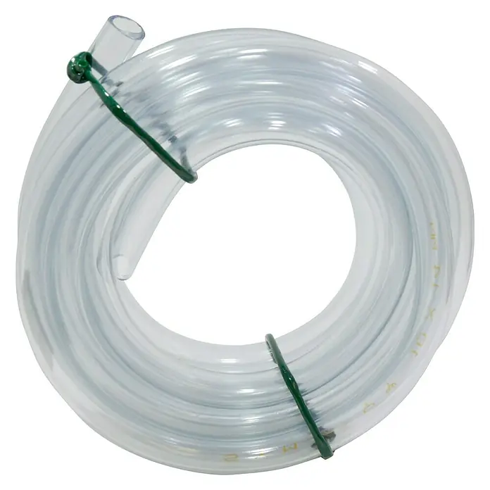 Tubo PE de cristal - Ø x L: 10 mm x 4 m, PVC - Un rollo de tubo de plástico transparente, sujeto con dos bridas verdes. Ideal para acuarios y otras aplicaciones.