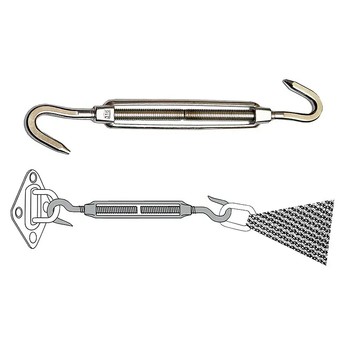 Nortene Tensor de toldos Doble gancho - 1 ud., Largo: 19,2 cm, Acero inoxidable - Imagen de un tensor, un dispositivo para ajustar la tensión de cuerdas y cables, que se muestra en plata. Es útil para el ajuste de la tensión y la fijación.