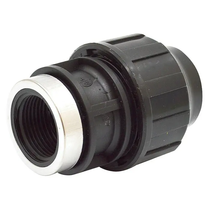 Codo angular Inox - Diámetro: 40 mm, Polietileno - Conexión de tubo negro con rosca plateada. Ideal para instalaciones de fontanería y tuberías de agua.