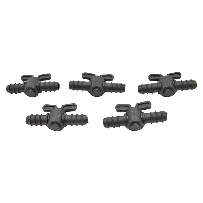 Llave de paso goteo - Diámetro conexión: 16 mm, Polietileno - Cinco mini válvulas de cierre negras para sistemas de riego, perfectas para un control preciso del flujo de agua en el jardín.