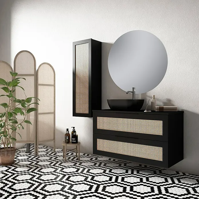Conjunto de mueble de baño Akua - 100 cm, Negro, 4 pzs. - Mueble de baño negro con detalles de ratán y espejo redondo. El elegante conjunto de baño añade un toque sofisticado.