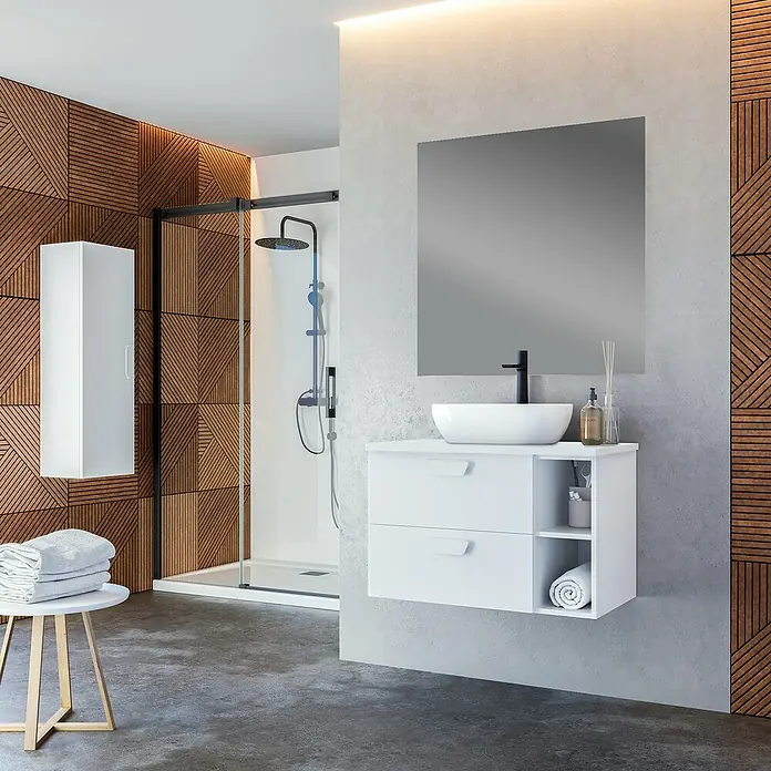 Conjunto de mueble de baño Alba - 80 cm, Blanco mate, 3 pzs. - La imagen muestra un moderno mueble de baño con cajones blancos y un espejo encima, perfecto para baños elegantes.