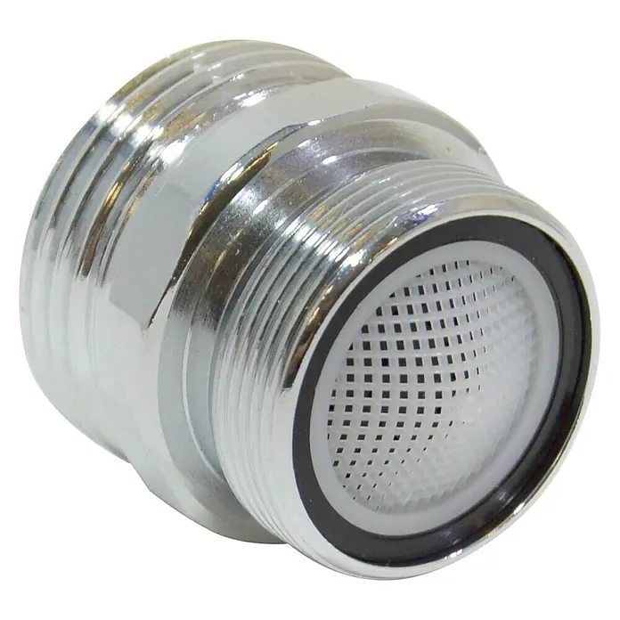Adaptador para grifo macho - Rosca exterior: ¾″, Latón, Macho - Primer plano de un adaptador de grifo cromado con un inserto de malla blanca.