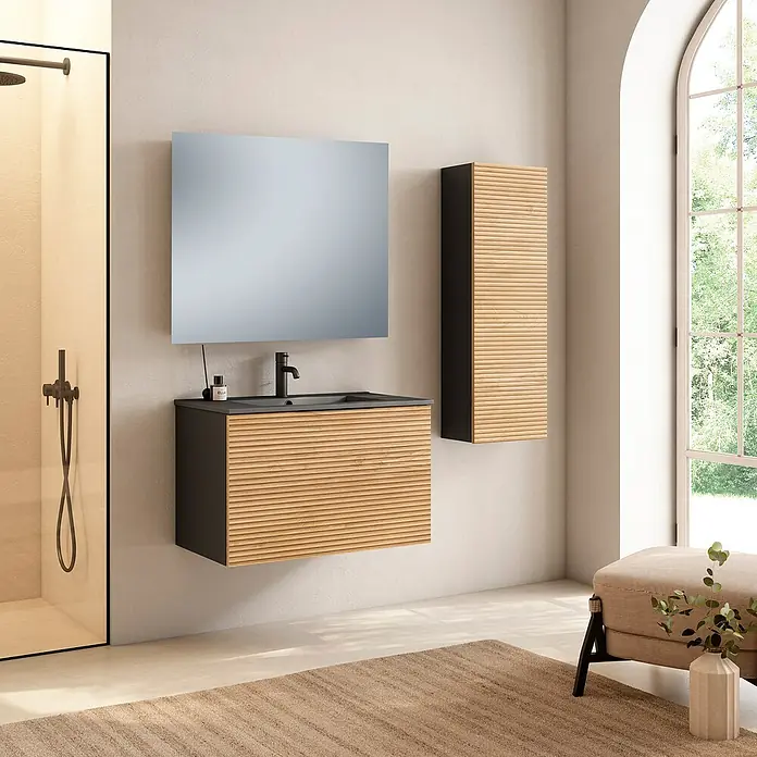 Conjunto de mueble de baño Compact 3D - 80 cm, Negro/Roble, 3 pzs. - Un baño moderno con un tocador con frente de madera, un espejo y un armario a juego.