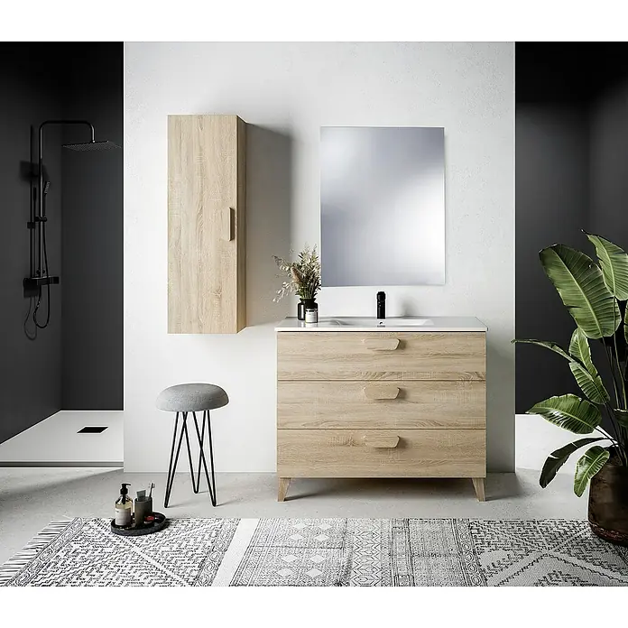 Conjunto de mueble de baño Sofía - 100 cm, Roble bardolino, 3 pzs. - Escena de baño con mueble de lavabo de madera clara con tres cajones, un armario de pared y un espejo.