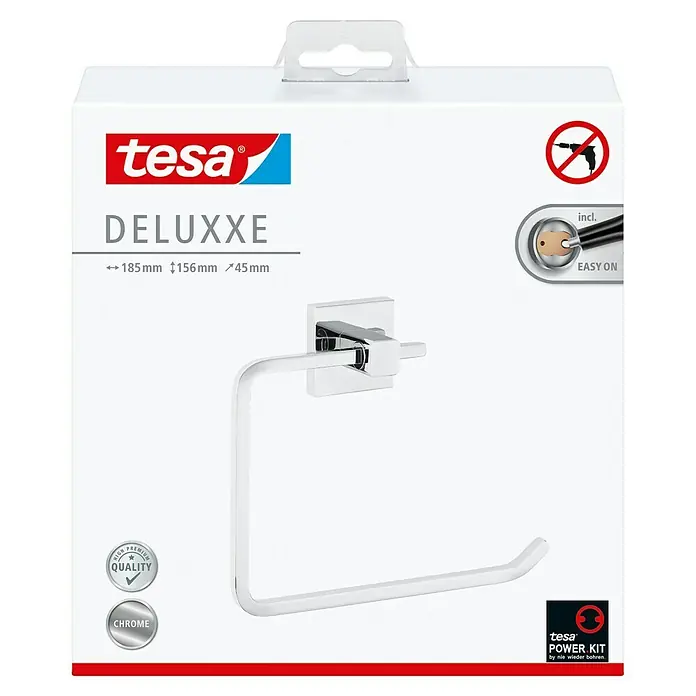 Tesa Deluxxe Handtuchring - Chrom, Glänzend - Produktbild eines Tesa Deluxxe Handtuchrings zur Wandmontage ohne Bohren, verchromt und mit Premium Qualität.
