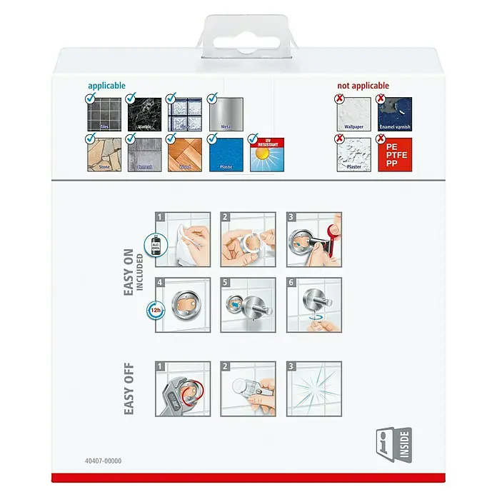 Tesa Deluxxe Handtuchring - Chrom, Glänzend - Verpackungsrückseite mit Informationen zu Anwendungsbereichen und Montageanleitung des Produkts, um Kunden bei der Installation zu unterstützen.