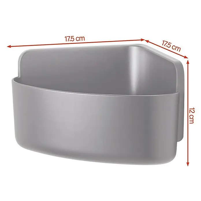 Tesa Eckduschkorb Lavaa - 17,5 x 17,5 x 12 cm, Schwarz, Matt - Abbildung eines grauen Wandorganizers mit den Maßen 17,5 cm x 17,5 cm x 12 cm zur Aufbewahrung von Gegenständen.