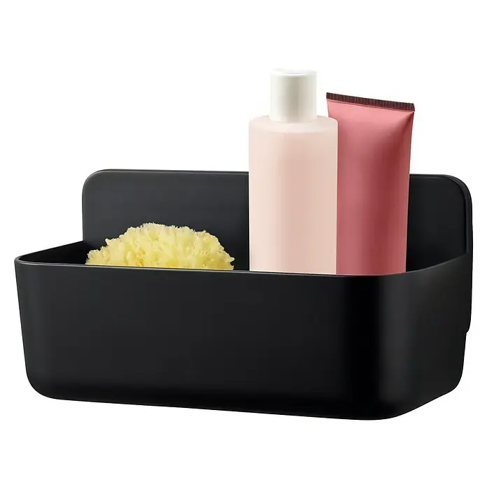 Tesa Duschkorb Lavaa - 26 x 11 x 13 cm, Schwarz, Matt - Schwarzer Badregal mit Badeschwamm, Lotion und Tube. Praktisch für Duschutensilien, stilvoll und platzsparend.