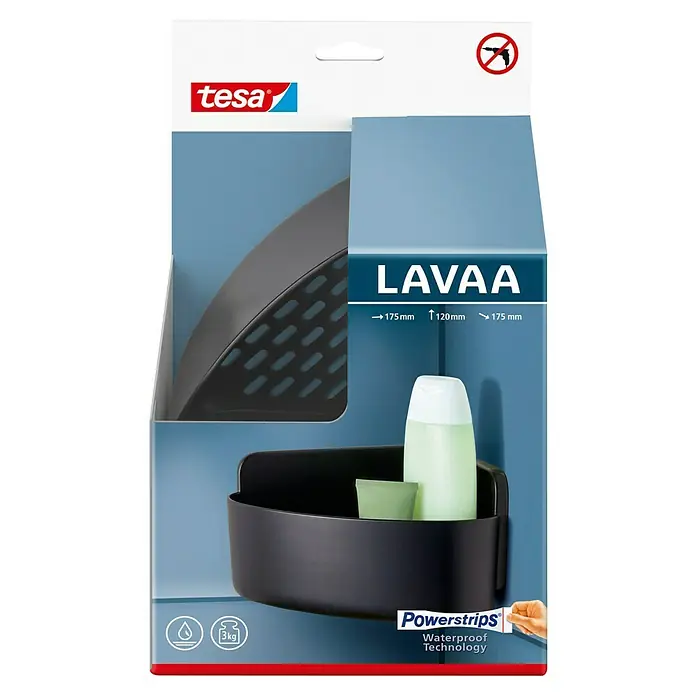 Tesa Eckduschkorb Lavaa - 17,5 x 17,5 x 12 cm, Schwarz, Matt - Verpackung der Tesa Lavaa Duschablage, einer schwarzen Eckablage zur Wandmontage ohne Bohren, dank Powerstrips-Technologie.