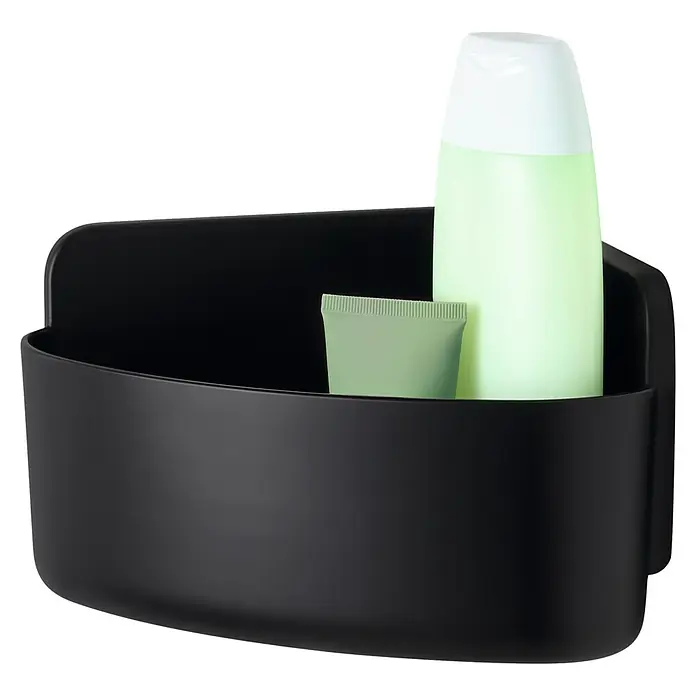 Tesa Eckduschkorb Lavaa - 17,5 x 17,5 x 12 cm, Schwarz, Matt - Abgebildeter Eckduschkorb mit Shampoo- und Tubenbehältern. Das elegante Design passt perfekt in jede Dusche.