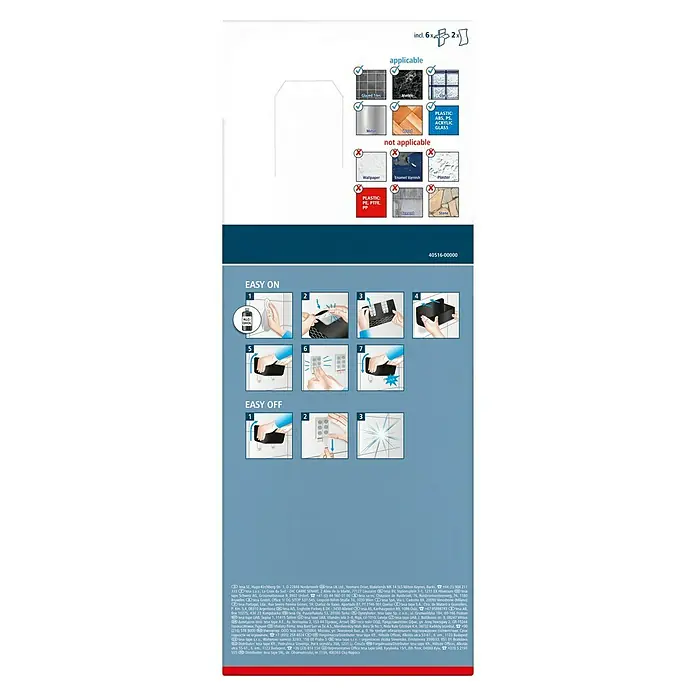 Tesa Duschkorb Lavaa - 26 x 11 x 13 cm, Schwarz, Matt - Produktverpackung mit Anwendungsbeispielen für Oberflächen und Montageanleitung für eine einfache Anbringung und Entfernung des Produkts.