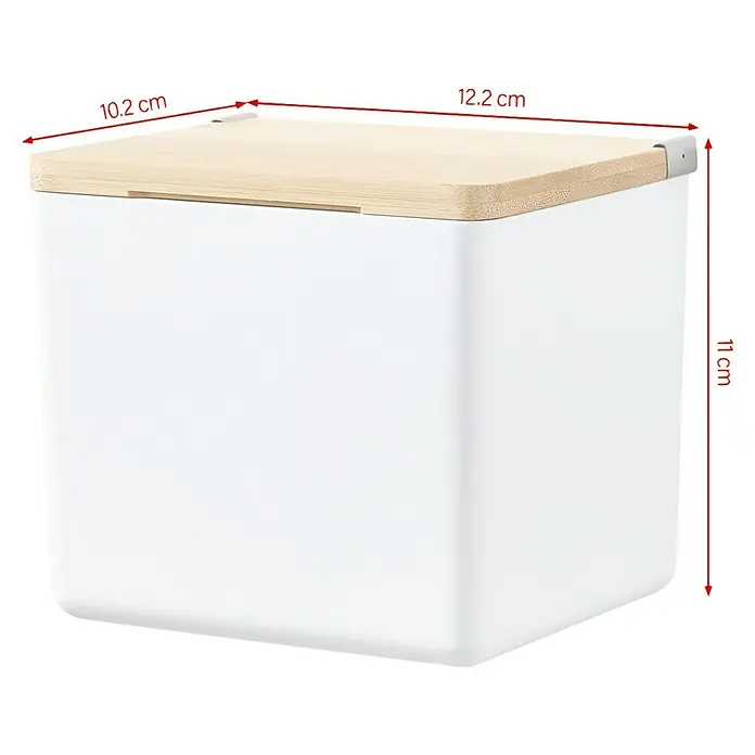 Tesa Aufbewahrungsbox Baboo - L x B x H: 12,2 x 10,2 x 11 cm, ABS-Kunststoff, Weiß/Bambus - Weißer Kosmetikbehälter mit Holzdeckel. Das Produkt ist kompakt und ideal für die Aufbewahrung von Kleinigkeiten im Bad oder auf dem Schminktisch.