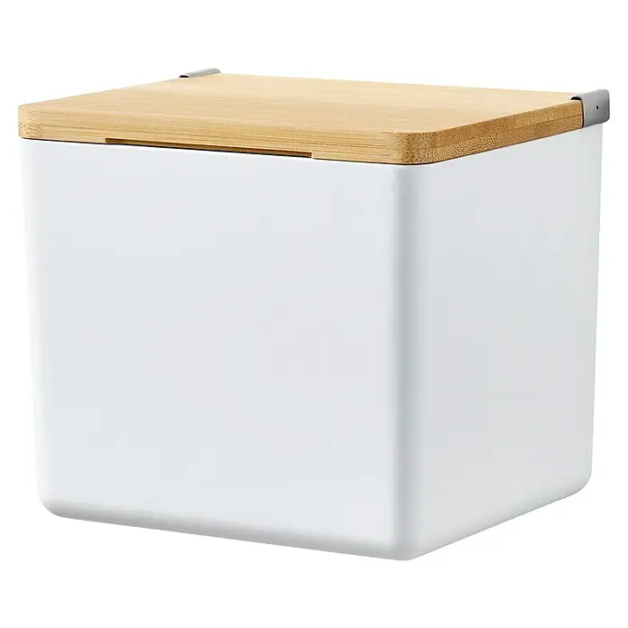 Tesa Aufbewahrungsbox Baboo - L x B x H: 12,2 x 10,2 x 11 cm, ABS-Kunststoff, Weiß/Bambus - Quadratischer, weißer Behälter mit einem Deckel aus Bambusholz und Metallgriffen. Ideal für die stilvolle Aufbewahrung im Bad oder Küche.