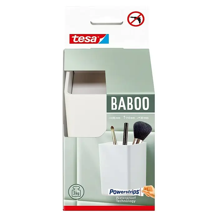 Tesa Aufbewahrungsbox Baboo - L x B x H: 8,6 x 8 x 11 cm, Kunststoff - Produktbild einer Tesa Baboo Aufbewahrungsbox für Badutensilien in Weiß, die mit Powerstrips befestigt wird und wasserfest ist.