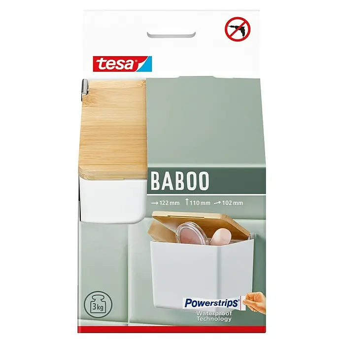 Tesa Aufbewahrungsbox Baboo - L x B x H: 12,2 x 10,2 x 11 cm, ABS-Kunststoff, Weiß/Bambus - Produktbild des Tesa Baboo Ablagekorbs mit Bambusdeckel und Powerstrips Technologie. Das Produkt ist wasserfest und kann ohne Bohren angebracht werden.