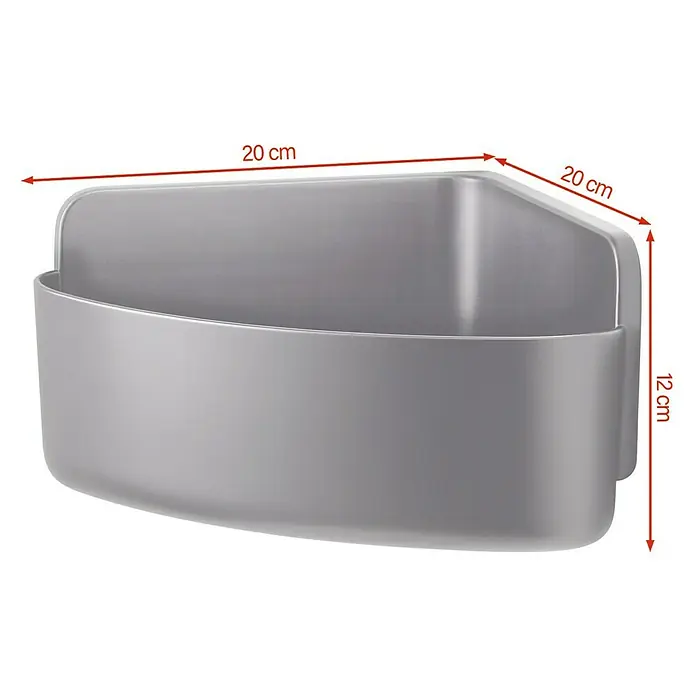 Tesa Eckduschkorb Lavaa - 20 x 20 x 12 cm, Schwarz, Matt - Aufnahme des grauen Wandorganizers mit Maßen für die optimale Platznutzung, ideal für Badezimmer oder Küche, 20 x 20 x 12 cm.