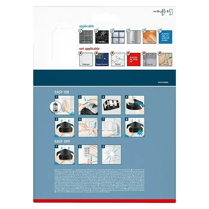Tesa Eckduschkorb Lavaa - 20 x 20 x 12 cm, Schwarz, Matt - Anleitung zur Verwendung des tesa Eckregal Klebesystems mit Anwendungsbeispielen für geeignete Untergründe.