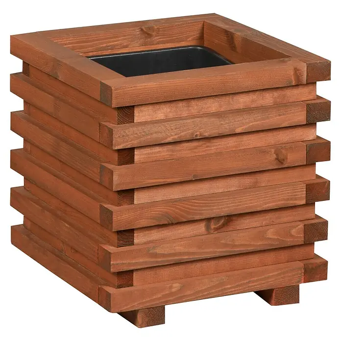 Pflanzkasten Torino - Außenmaß (L x B x H): 34 x 34 x 34 cm, Holz, Teak - Quadratischer Pflanzkasten aus Holzlatten in Braun mit schwarzem Einsatz. Dekorative Gartenstruktur für Blumen und Pflanzen.