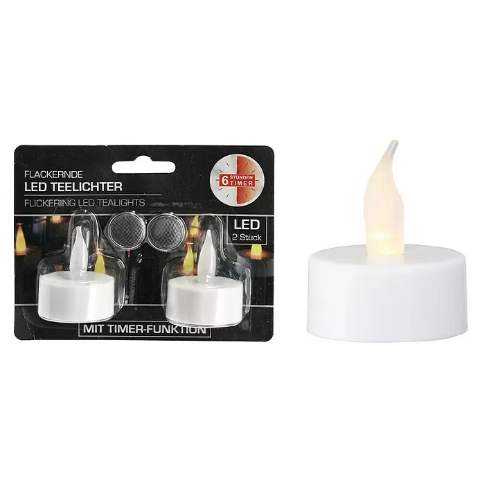 LED-Teelicht - 2 Stk., Durchmesser: 4 cm - Zwei weiße flackernde LED-Teelichter mit 6-Stunden-Timer, in Verpackung und lose dargestellt.