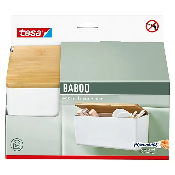 Tesa Aufbewahrungsbox Baboo - L x B x H: 24,2 x 10,2 x 11 cm, ABS-Kunststoff, Weiß/Bambus - Tesa Baboo Bad-Ablage zur Aufbewahrung von Badutensilien, wasserfest dank Powerstrips Technologie.