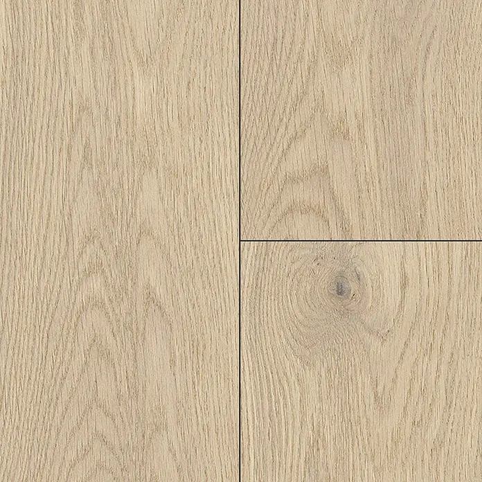 LOGOCLIC Vinto Laminat Classic - Eiche Cornsilk, Landhausdiele, 1.288 x 195 x 8 mm - Ansicht von hellem Eichenparkett, verlegt in einem attraktiven Muster. Das Holz zeichnet sich durch natürliche Maserung aus.