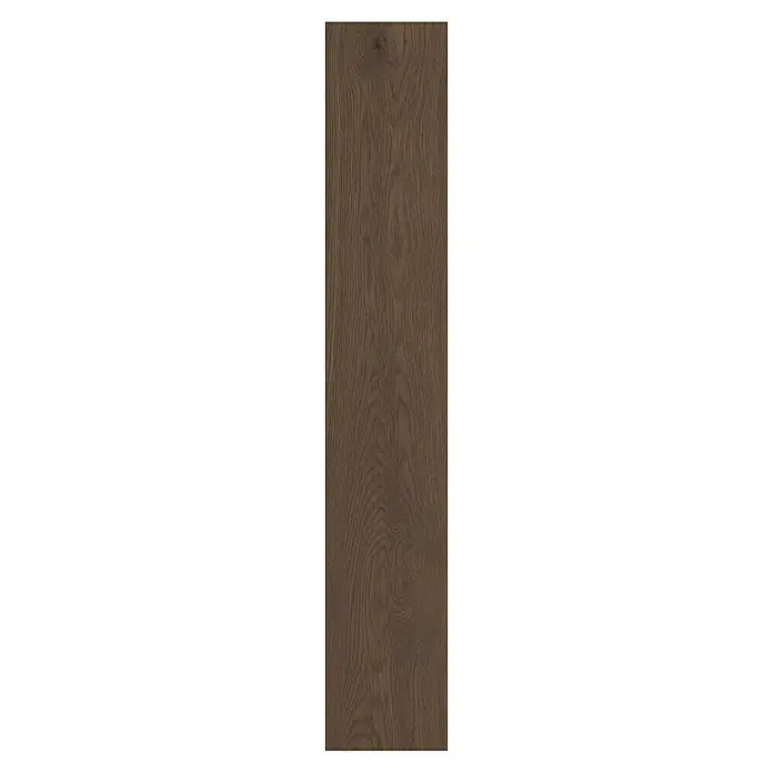 LOGOCLIC Vinto Laminat Classic - Eiche Cocoa, Landhausdiele, 1.288 x 195 x 8 mm - Detailaufnahme eines Laminatbodens in dunkler Holzoptik, der die natürliche Maserung hervorhebt und eine warme Atmosphäre schafft.