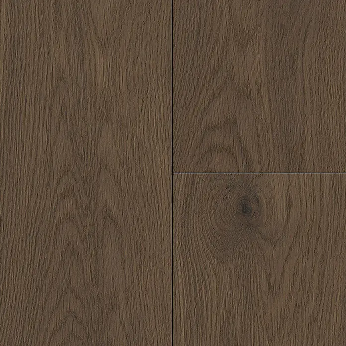 LOGOCLIC Vinto Laminat Classic - Eiche Cocoa, Landhausdiele, 1.288 x 195 x 8 mm - Detailaufnahme von Holzbodenplatten mit Maserung in warmen Brauntönen, ideal für gemütliche Wohnräume.