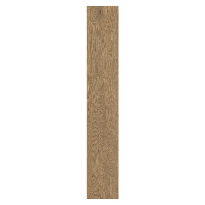 LOGOCLIC Vinto Laminatmuster Classic Eiche Greenvale - 300 x 195 x 8 mm, Landhausdiele - Nahaufnahme einer einzelnen Holzplanke mit auffälliger Maserung in natürlichen Farbtönen, die die natürliche Schönheit des Materials hervorhebt.