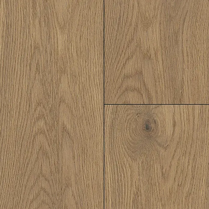 LOGOCLIC Vinto Laminatmuster Classic Eiche Greenvale - 300 x 195 x 8 mm, Landhausdiele - Nahaufnahme von vier quadratischen Laminat-Bodenfliesen in hellbrauner Holzoptik mit sichtbaren Holzmaserungen und feinen dunklen Fugen.