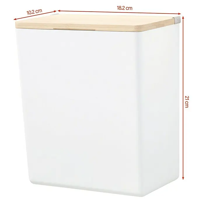 Tesa Aufbewahrungsbox Baboo - L x B x H: 21 x 10,2 x 18,2 cm, Kunststoff - Ein weißer Mülleimer mit einem hölzernen Deckel, der 21 cm hoch, 18.2 cm breit und 10.2 cm tief ist.