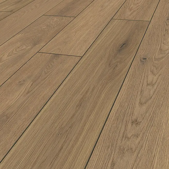 LOGOCLIC Vinto Laminatmuster Classic Eiche Greenvale - 300 x 195 x 8 mm, Landhausdiele - Detailaufnahme eines Bodens aus hellbraunen Holzpaneelen mit gut sichtbarer Maserung und feinen Fugen. Schafft eine warme, natürliche Atmosphäre.