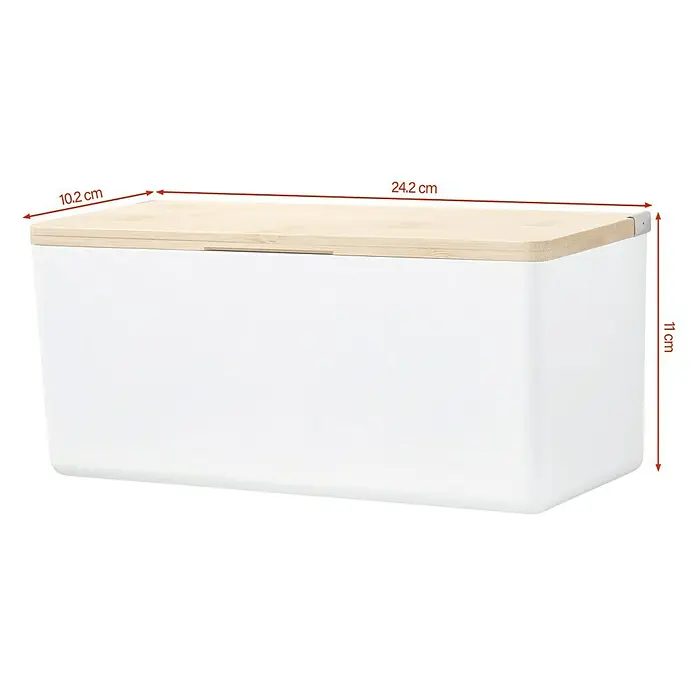 Tesa Aufbewahrungsbox Baboo - L x B x H: 24,2 x 10,2 x 11 cm, ABS-Kunststoff, Weiß/Bambus - Produktansicht einer weißen Aufbewahrungsbox mit Holzdeckel, Maße: 24,2 cm Länge, 10,2 cm Breite, 11 cm Höhe, für Ordnung und stilvolle Aufbewahrung.