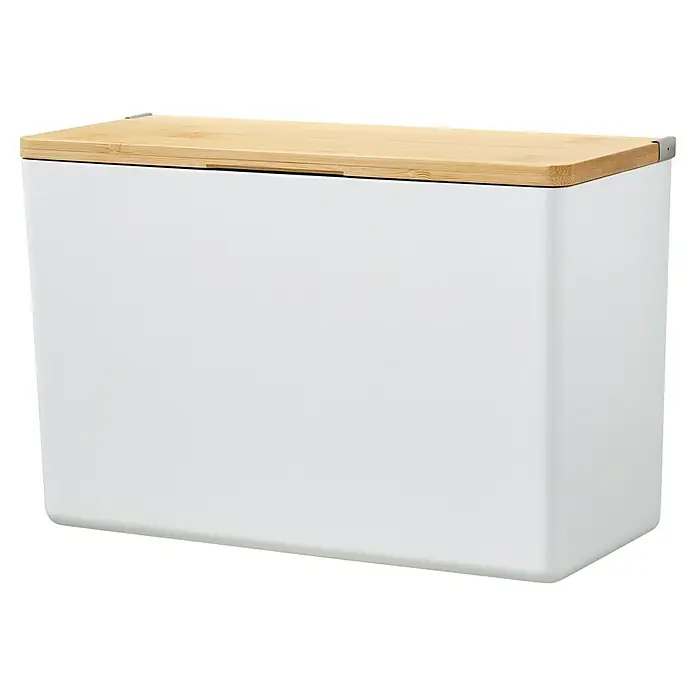 Tesa Aufbewahrungsbox Baboo - L x B x H: 24,2 x 10,2 x 16 cm, ABS-Kunststoff, Weiß/Bambus - Weißer rechteckiger Abfallbehälter mit einem hellen Holzdeckel und silbernen Metallecken, perfekt für ein stilvolles Zuhause.