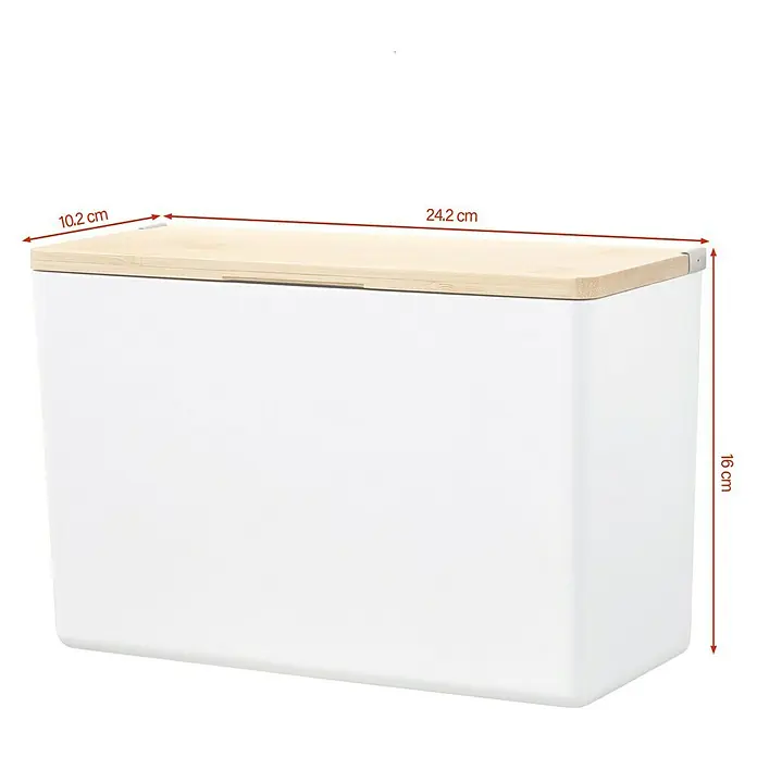 Tesa Aufbewahrungsbox Baboo - L x B x H: 24,2 x 10,2 x 16 cm, ABS-Kunststoff, Weiß/Bambus - Weißer Behälter mit hölzernem Deckel.
