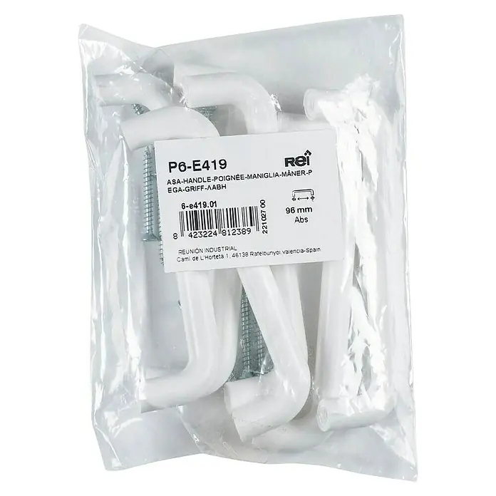 Rei Tirador para muebles 419 - Distancia entre orificios: 96 mm, Blanco, 6 ud. - Un paquete de tiradores de puerta blancos (modelo P6-E419) de Rei, adecuados como accesorios de muebles. Las manijas son de plástico ABS.