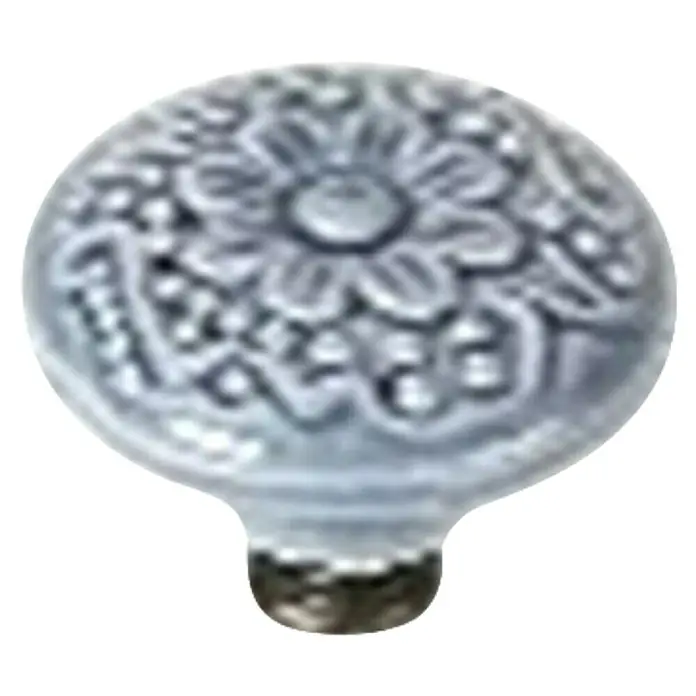 Rei Pomo para muebles - Diámetro: 44 mm, Azul, Brillante, 2 ud. - Primer plano de un tirador de vidrio ornamentado para muebles con diseño floral, ideal para realzar muebles.