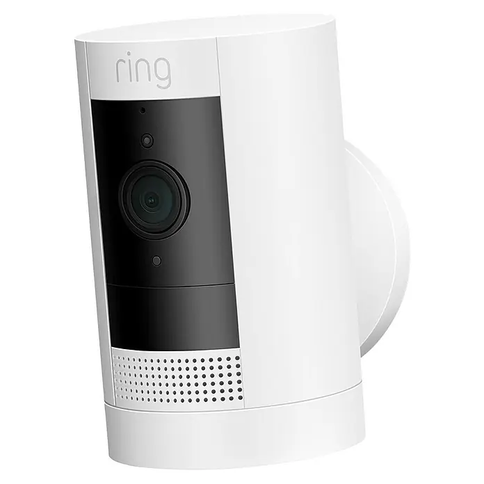 Ring Überwachungskamera außen Stick Up Cam Battery - Akkubetrieben, 1.080 Pixel (Full HD), Weiß - Weiße Ring Stick Up Cam mit schwarzer Blende und Lautsprechergitter. Für mehr Sicherheit rund ums Haus und im Garten.