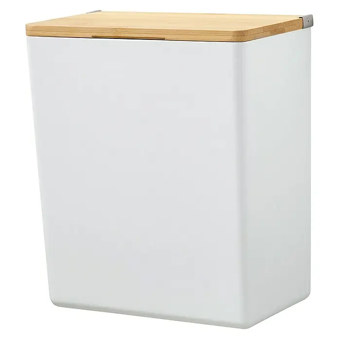 Tesa Aufbewahrungsbox Baboo - L x B x H: 21 x 10,2 x 18,2 cm, Kunststoff - Ein stilvoller, weißer Abfalleimer mit einem Deckel aus Bambusholz, der Funktionalität und modernes Design vereint und sich perfekt in jedes Badezimmer einfügt.