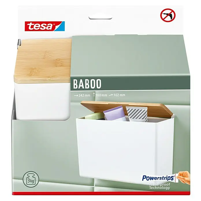 Tesa Aufbewahrungsbox Baboo - L x B x H: 24,2 x 10,2 x 16 cm, ABS-Kunststoff, Weiß/Bambus - Produktverpackung für Tesa Baboo Bad-Organizer mit Bambusdeckel, wasserfester Powerstrips-Technologie und einfacher Montage.