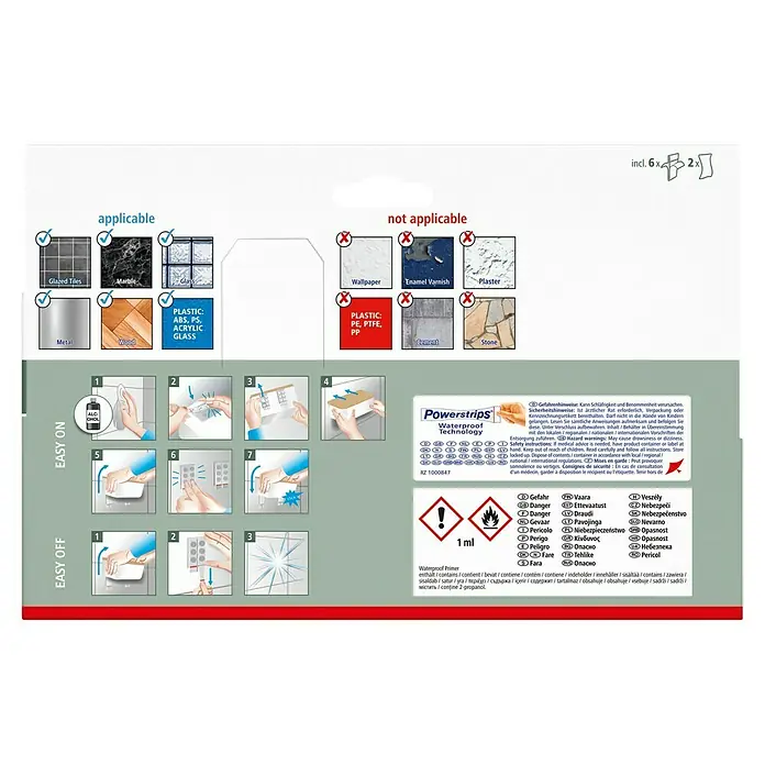Tesa Aufbewahrungsbox Baboo - L x B x H: 24,2 x 10,2 x 11 cm, ABS-Kunststoff, Weiß/Bambus - Montageanleitung für Powerstrips Waterproof Technology mit Hinweisen zur Anwendbarkeit auf verschiedenen Oberflächen.