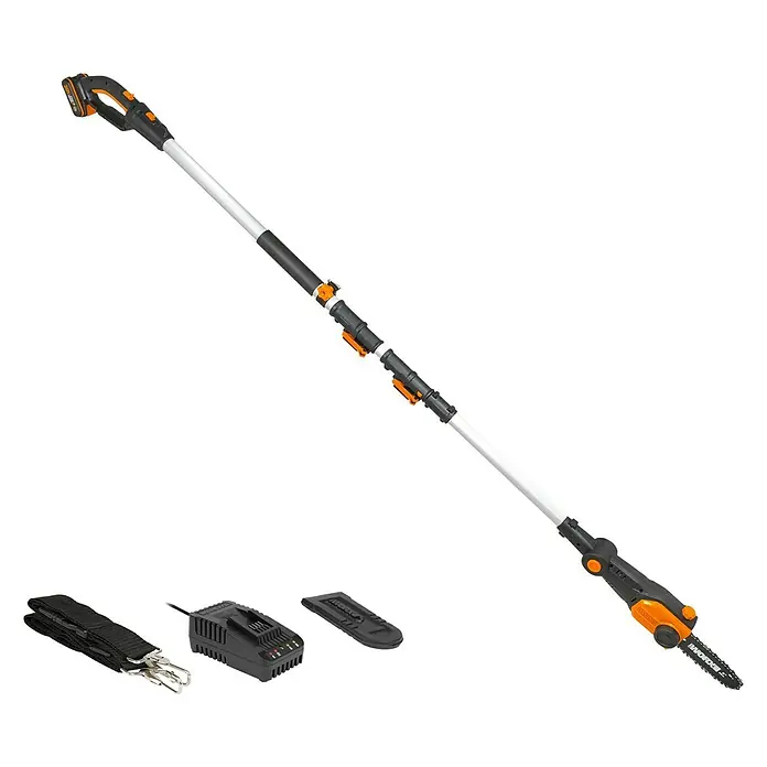 Worx PowerShare 20V Akku-Hochentaster WG349E - 20 V, 1 Akku - Bild einer Worx Akku-Hochentaster mit Zubehör. Ideal zum Beschneiden von Bäumen.