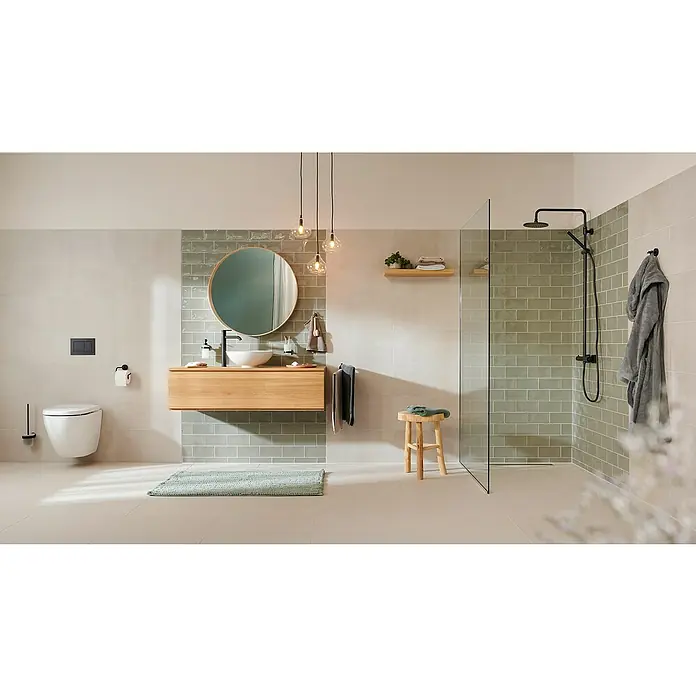 Tesa Moon Zahnputzbecher - Mit Halterung, Metall, Schwarz - Ein modernes Badezimmer mit einer eleganten Waschtischkombination, stilvoller Beleuchtung und einer begehbaren Dusche. Die Farbtöne sind harmonisch abgestimmt.
