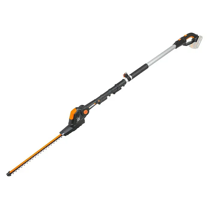 Worx PowerShare 20V Teleskop-Heckenschere WG252E.9 - 20 V, Li-Ionen, Anzahl Akkus: Ohne Akku, Schnittlänge: 45 cm - Das Bild zeigt eine WORX Akku-Heckenschere mit Teleskopstiel, ideal für hohe Hecken. Das Gerät ist schwarz-orange und hat einen silbernen Stiel.