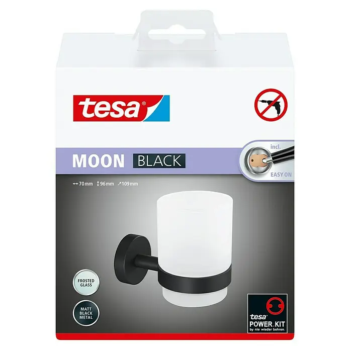 Tesa Moon Zahnputzbecher - Mit Halterung, Metall, Schwarz - Produktverpackung für eine Tesa Moon Black Wandhalterung aus mattem schwarzen Metall mit Milchglas, einfache Montage ohne Bohren.