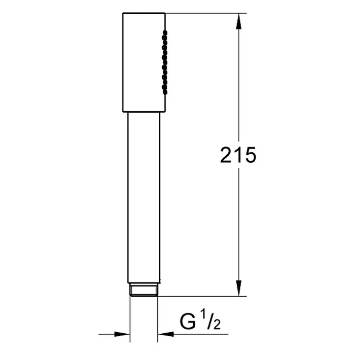 Grohe Sena Handbrause Stick - Anzahl Funktionen: 1 Stk., 18 l/min, Chrom - Schematische Darstellung einer Handbrause mit Maßangaben (215 mm Höhe, G 1/2 Anschluss). Geeignet für Badezimmer und Duschen.