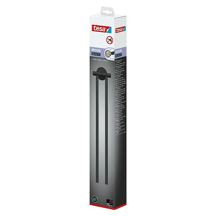 Tesa Moon Toallero de barra - Negro - Un paquete del toallero Tesa Moon Black. El producto es un soporte de metal negro mate para la fijación a la pared en el baño.