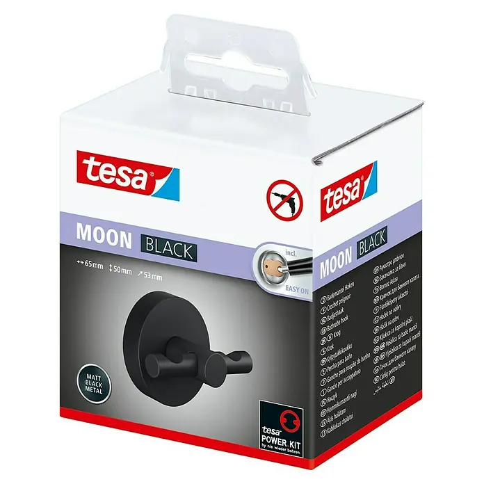 Tesa Moon Handtuchhaken - 2-armig, Schwarz, Matt - Bild einer Tesa Moon Black Bademantel Haken Verpackung, die eine stilvolle und praktische Lösung für die Badezimmeraufbewahrung bietet.