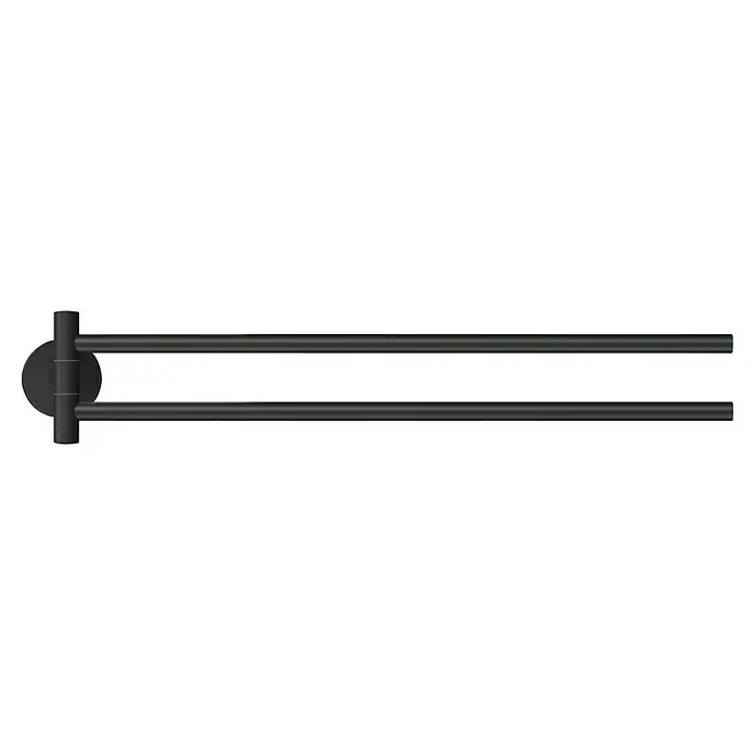 Tesa Moon Handtuchhalter - 2-armig, Schwarz, Matt - Nahaufnahme eines schwenkbaren Handtuchhalters aus Metall, der an einer Wand montiert ist und eine stilvolle Badezimmerlösung bietet.
