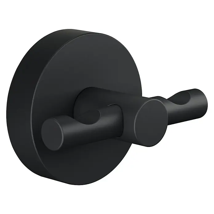 Tesa Moon Handtuchhaken - 2-armig, Schwarz, Matt - Schwarzer Doppel-Kleiderhaken zur Wandmontage. Elegantes und minimalistisches Design für Badezimmer oder Schlafzimmer.